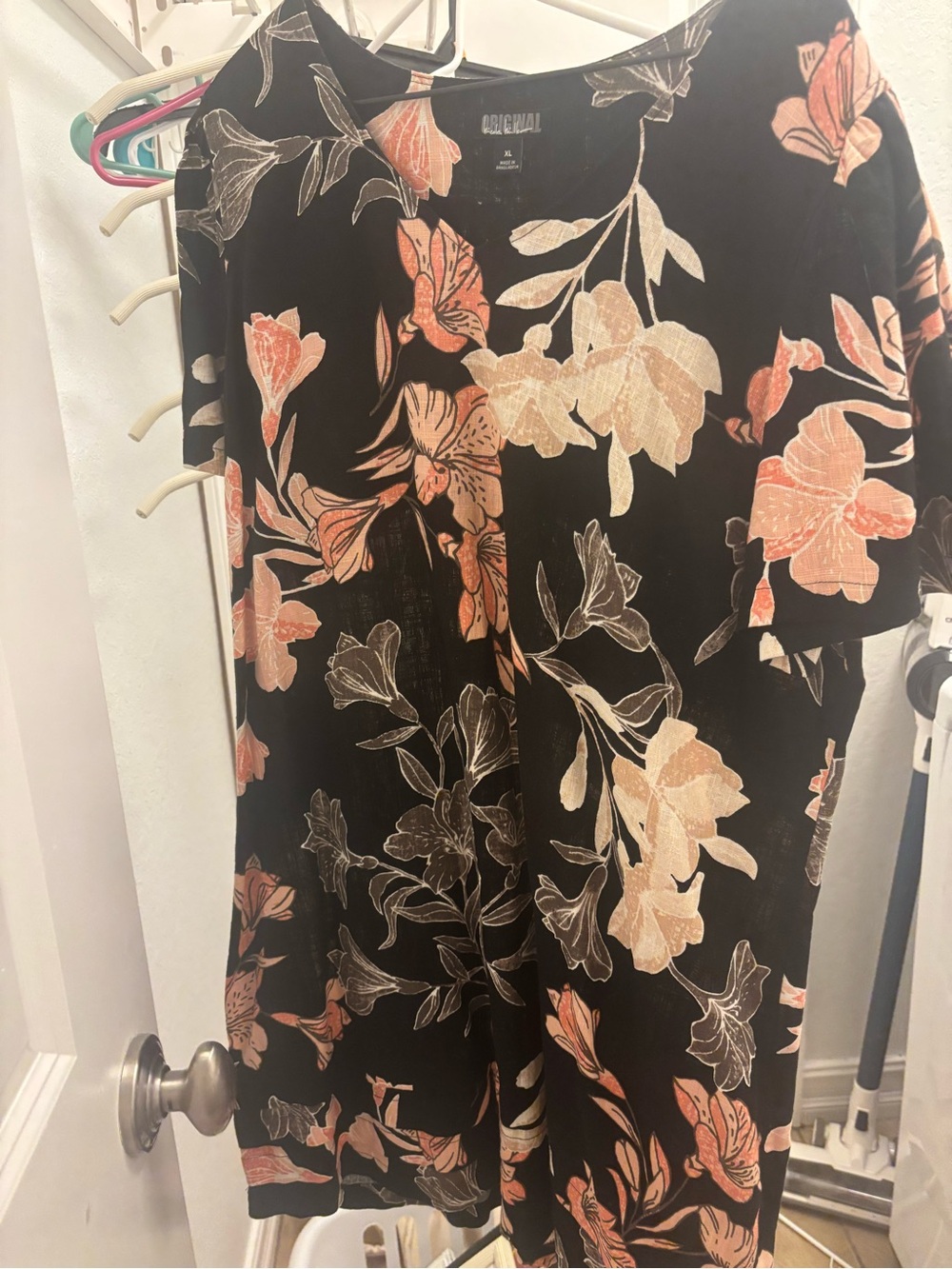 Nicole Miller Black Midi Dress with Peach and Cream Floral Print